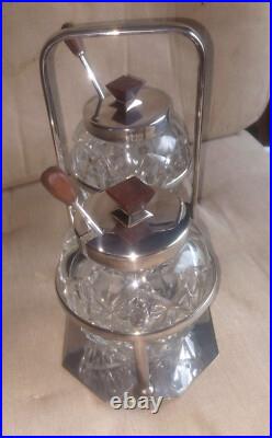 Double Confiturier Cristal Baccarat Metal Argente + Bois Art Deco Double Confiturier Cristal Baccarat Metal Argente + Bois Art Deco