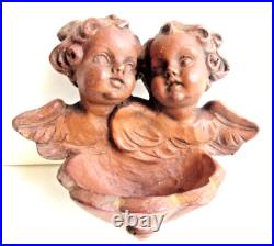 Duo d'angelots avec bénitier Art Déco, Art Nouveau en bois à mettre au mur