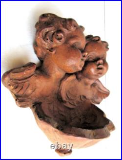 Duo d'angelots avec bénitier Art Déco, Art Nouveau en bois à mettre au mur