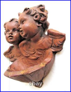 Duo d'angelots avec bénitier Art Déco, Art Nouveau en bois à mettre au mur