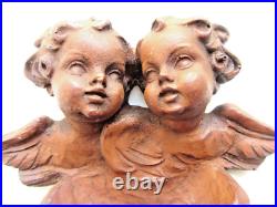 Duo d'angelots avec bénitier Art Déco, Art Nouveau en bois à mettre au mur