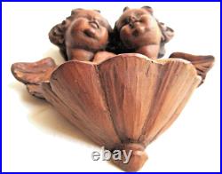 Duo d'angelots avec bénitier Art Déco, Art Nouveau en bois à mettre au mur