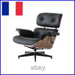 Fauteuil Lounge Chair Relax Cuir Italien Pleine Fleur Noir Et Bois Palissandre