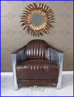 Fauteuil cuir brun avion fauteuil club Art Deco peint à la main cadre en bois