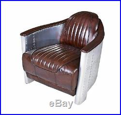 Fauteuil cuir brun avion fauteuil club Art Deco peint à la main cadre en bois