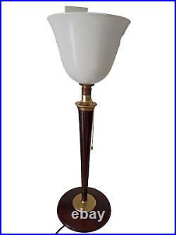 GROSSE LAMPE ART DECO MAZDA ACAJOU ET MÉTAL DORE AVEC SA TULIPE OPALINE 85 cm