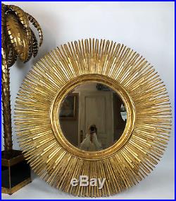 Grand Miroir Soleil En Bois Doré De 150 CM De Diamètre Des Années 70 Très Déco
