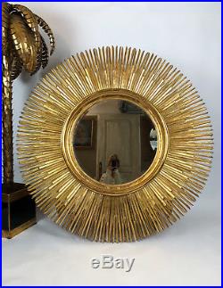 Grand Miroir Soleil En Bois Doré De 150 CM De Diamètre Des Années 70 Très Déco