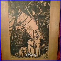 Grande illustration sur panneau de bois Paul Jouve Livre de la Jungle Art Deco