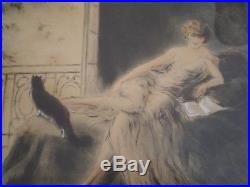Gravure Femme Au Chat Art Deco E Naudy Renaudin Cadre Sculpte 1930 Dlg Icart