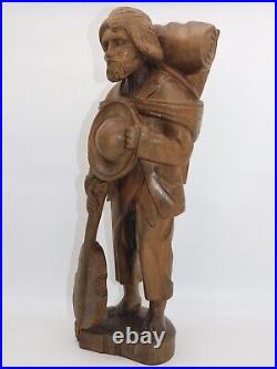 Imposante Statue Musicien Ambulant En Bois Sculpte Haut 48 CM Bo48 Antic Wood