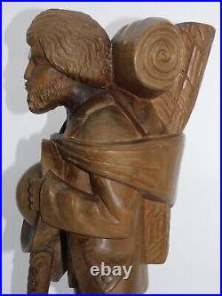Imposante Statue Musicien Ambulant En Bois Sculpte Haut 48 CM Bo48 Antic Wood