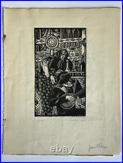 Jean Chieze gravure sur bois Woodcut Marin Pompon Guitare Oud Bistrot Art Déco Jean Chieze gravure sur bois Woodcut Marin Pompon Guitare Oud Bistrot Art Déco