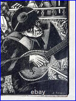 Jean Chieze gravure sur bois Woodcut Marin Pompon Guitare Oud Bistrot Art Déco Jean Chieze gravure sur bois Woodcut Marin Pompon Guitare Oud Bistrot Art Déco