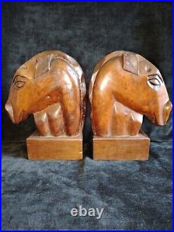 Jolie Paire De Serre Livres Tête De cheval En Acajou / Année 50 / Style Art Deco