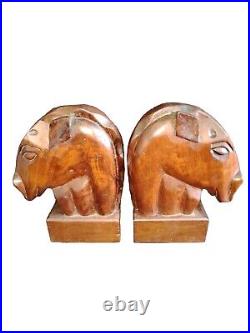 Jolie Paire De Serre Livres Tête De cheval En Acajou / Année 50 / Style Art Deco