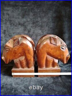 Jolie Paire De Serre Livres Tête De cheval En Acajou / Année 50 / Style Art Deco