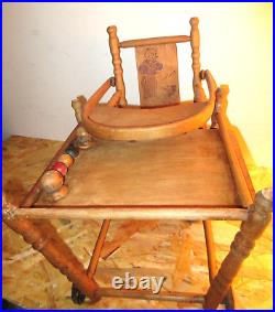 Jouet d'enfant 1950 une chaise de poupée en bois 2 positions, roulettes, ourson