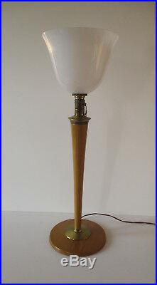 Lampe MAZDA art déco en bois peint avec Tulipe opaline hauteur 78 cm