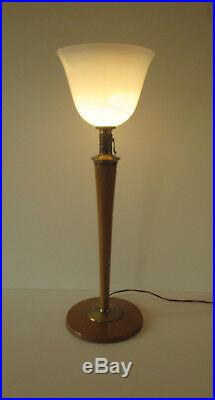 Lampe MAZDA art déco en bois peint avec Tulipe opaline hauteur 78 cm