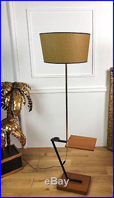 Lampe Sur Pied / Lampadaire Design Des Années 70 En Bois Et Métal Doré 145cm H