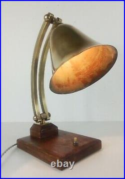 Lampe de bureau art déco en laiton, pied en bois