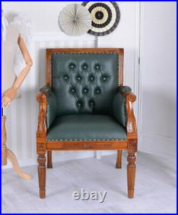 Library chair fauteuil en cuir bois d'acajou massif Chesterfield vert chaise