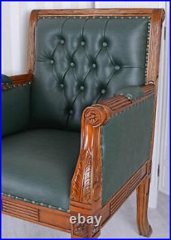 Library chair fauteuil en cuir bois d'acajou massif Chesterfield vert chaise