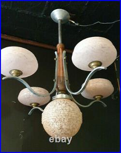Lustre Art Déco en Aluminium &bois 4 bras 5feux vintage chandelier ceiling light