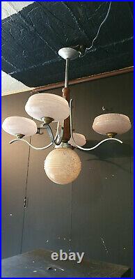 Lustre Art Déco en Aluminium &bois 4 bras 5feux vintage chandelier ceiling light