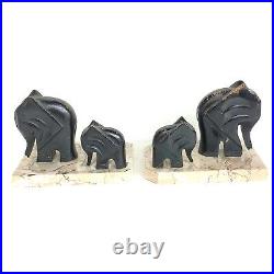 Magnifique Paire D'anciens Serre Livres Elephants En Bois Sur Marbre Art Deco
