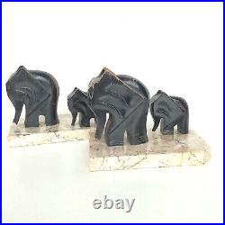 Magnifique Paire D'anciens Serre Livres Elephants En Bois Sur Marbre Art Deco