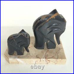 Magnifique Paire D'anciens Serre Livres Elephants En Bois Sur Marbre Art Deco
