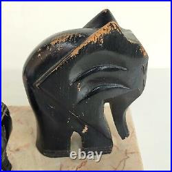 Magnifique Paire D'anciens Serre Livres Elephants En Bois Sur Marbre Art Deco