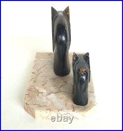 Magnifique Paire D'anciens Serre Livres Elephants En Bois Sur Marbre Art Deco