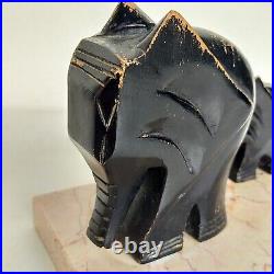 Magnifique Paire D'anciens Serre Livres Elephants En Bois Sur Marbre Art Deco