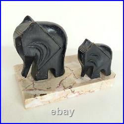 Magnifique Paire D'anciens Serre Livres Elephants En Bois Sur Marbre Art Deco