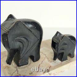 Magnifique Paire D'anciens Serre Livres Elephants En Bois Sur Marbre Art Deco
