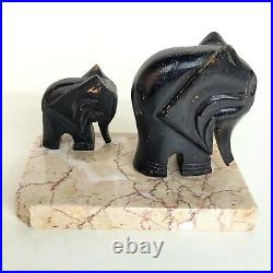 Magnifique Paire D'anciens Serre Livres Elephants En Bois Sur Marbre Art Deco
