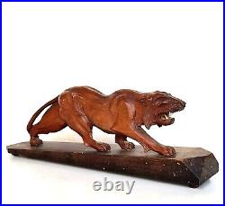 Magnifique Sculpture Animalière Tigre En Bois Sculpté Sur Socle Art Déco 50cm