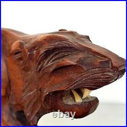 Magnifique Sculpture Animalière Tigre En Bois Sculpté Sur Socle Art Déco 50cm
