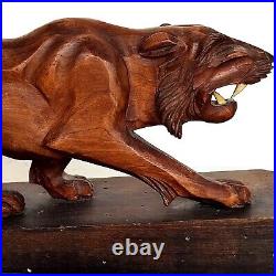 Magnifique Sculpture Animalière Tigre En Bois Sculpté Sur Socle Art Déco 50cm