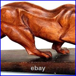 Magnifique Sculpture Animalière Tigre En Bois Sculpté Sur Socle Art Déco 50cm