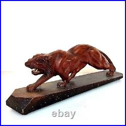 Magnifique Sculpture Animalière Tigre En Bois Sculpté Sur Socle Art Déco 50cm