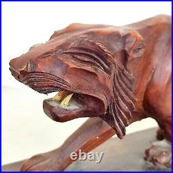 Magnifique Sculpture Animalière Tigre En Bois Sculpté Sur Socle Art Déco 50cm