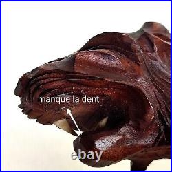Magnifique Sculpture Animalière Tigre En Bois Sculpté Sur Socle Art Déco 50cm