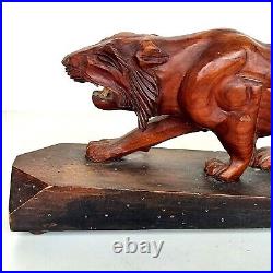 Magnifique Sculpture Animalière Tigre En Bois Sculpté Sur Socle Art Déco 50cm