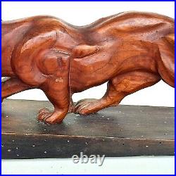 Magnifique Sculpture Animalière Tigre En Bois Sculpté Sur Socle Art Déco 50cm