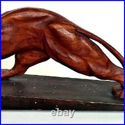 Magnifique Sculpture Animalière Tigre En Bois Sculpté Sur Socle Art Déco 50cm