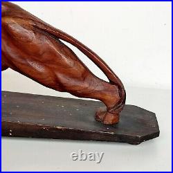 Magnifique Sculpture Animalière Tigre En Bois Sculpté Sur Socle Art Déco 50cm